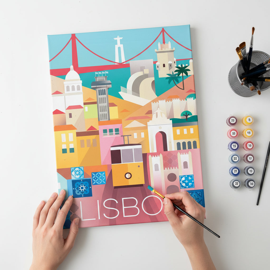 Illustration of Lisbon with a tram, bridge, and architectural landmarks.