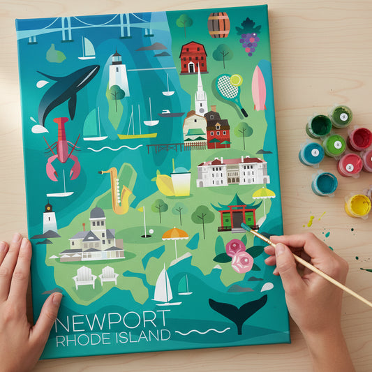 Illustrated map of Newport, Rhode Island featuring landmarks and icons.