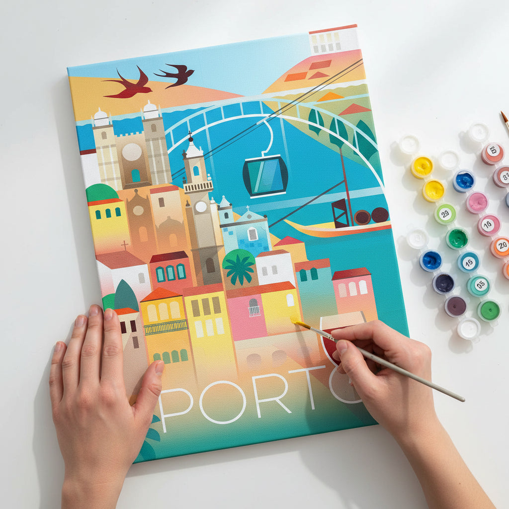 Illustration of a cityscape with colorful buildings and a glass of wine, featuring the word 'Porto'.