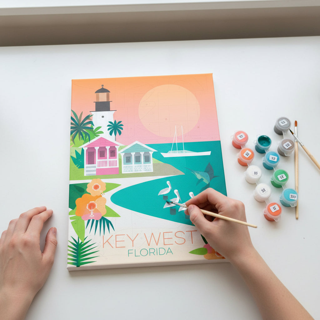 Illustration of Key West, Florida with a lighthouse, houses, and beach scene.