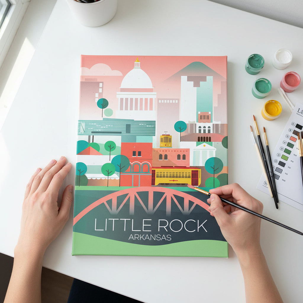 Illustrated cityscape of Little Rock, Arkansas with buildings and a bridge.