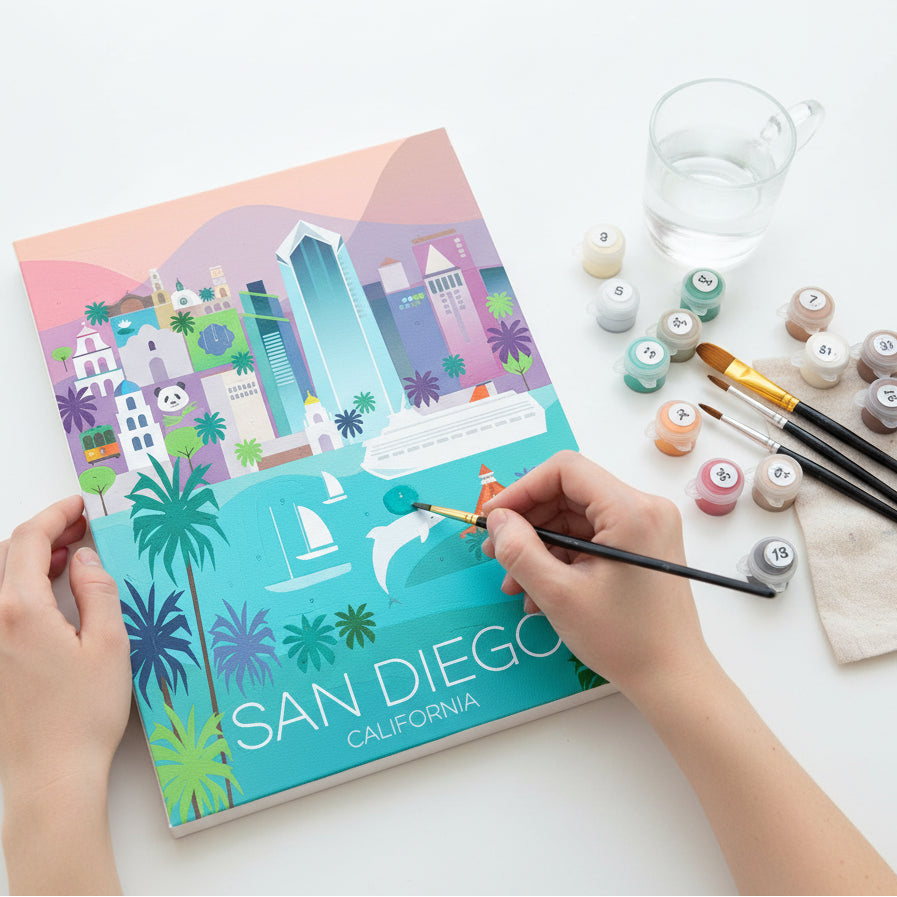 Illustrated cityscape of San Diego with buildings, palm trees, and water.