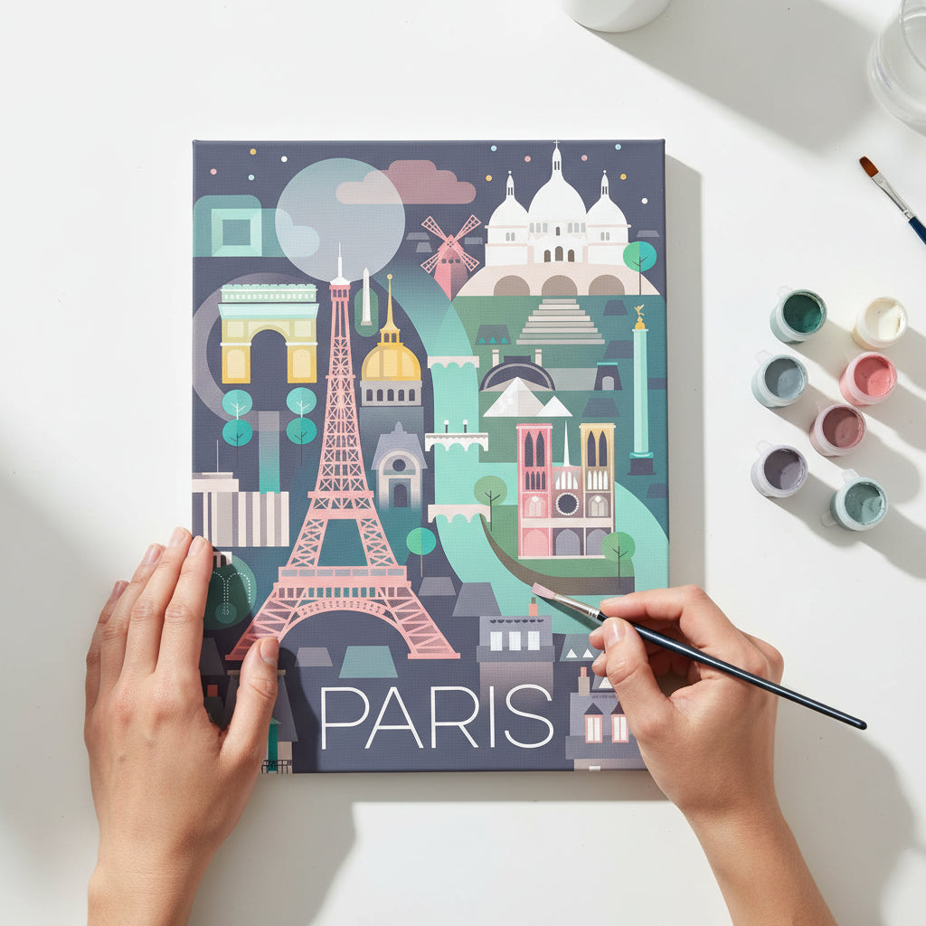 Illustration of Paris landmarks on a dark background