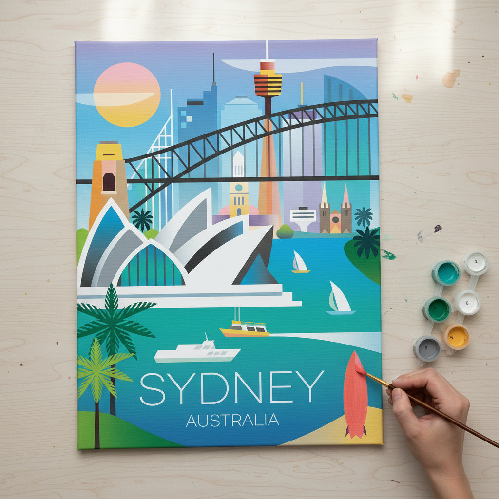 Illustrated poster of Sydney with landmarks including the Opera House and Harbour Bridge.
