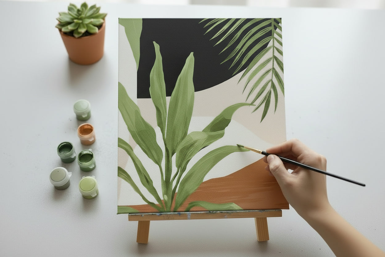 Abstract art piece with green leaves and a black silhouette on a beige background